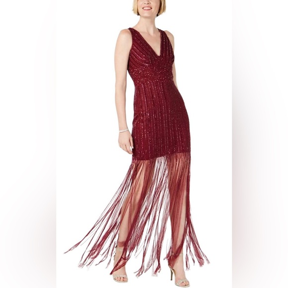Adrianna Papell Wine Beaded Long Dress - Picture 2 of 3